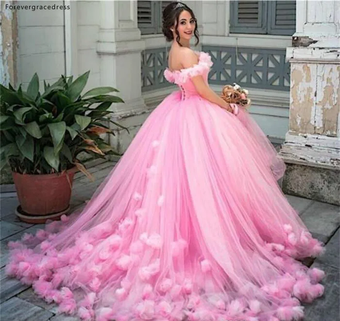 Женское длинное свадебное платье розовое принцессы с открытыми плечами и