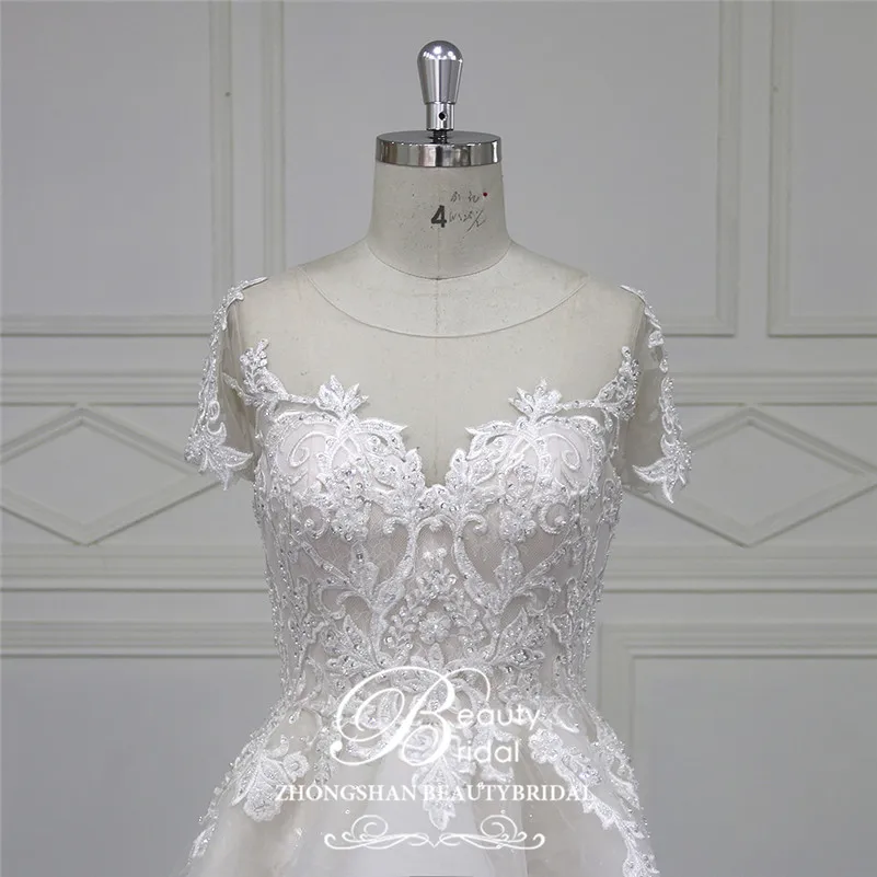 Beautybridal Custom made lace Beads Wedding Dresses round illusion neckline wedding gown short sleeves Vestido de Noiva LS706 | Свадьбы и