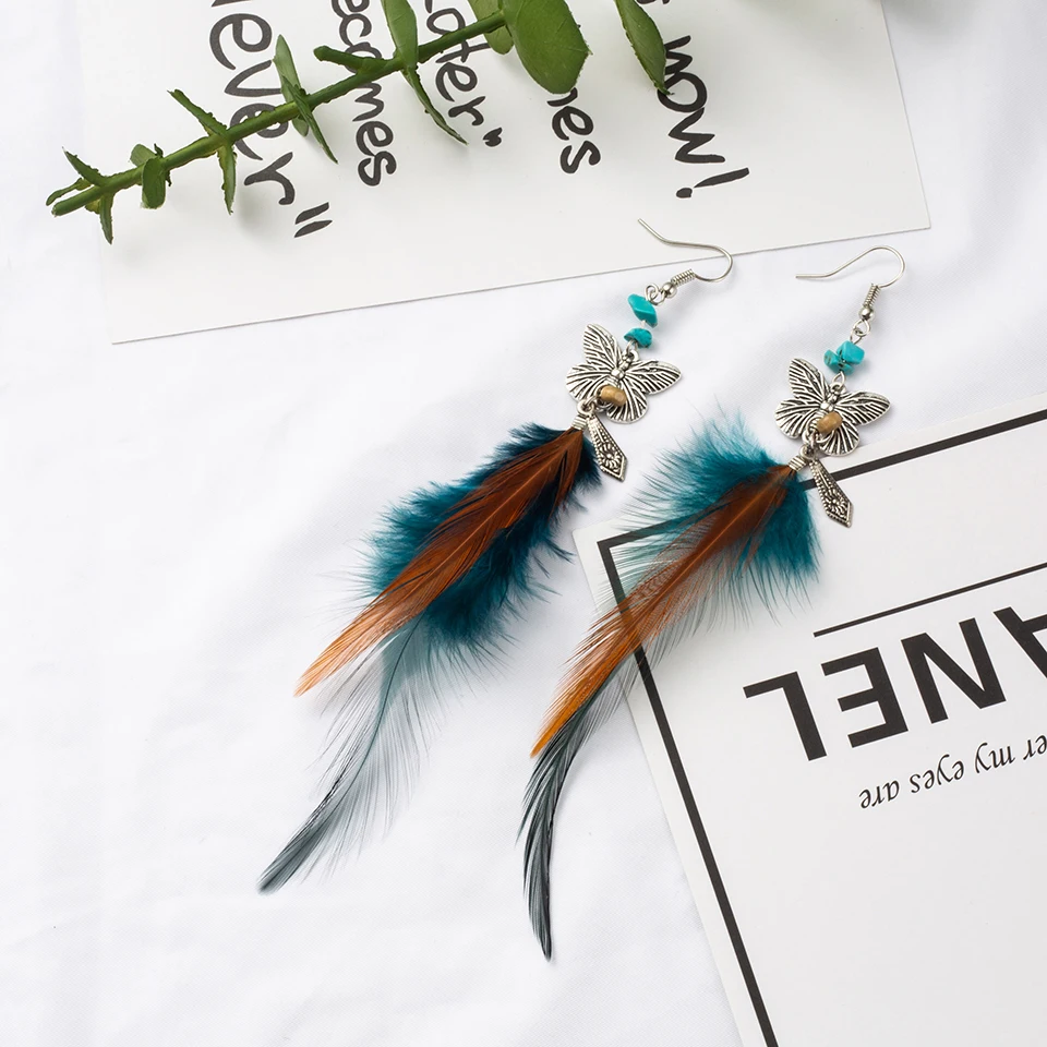 Винтаж Boho Индии в этническом стиле с перьями и бабочкой, серьги с болтающимися частями для Для женщин женский свадебные серьги, ювелирные изделия, аксессуары