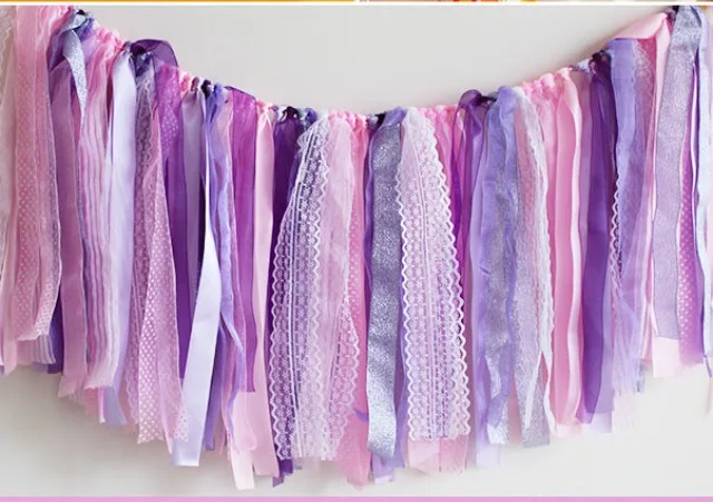 Handmade tie banner ribbon bunting romantic wedding tulle strips birthday Party Decorations hot baby pink lace garland | Дом и сад