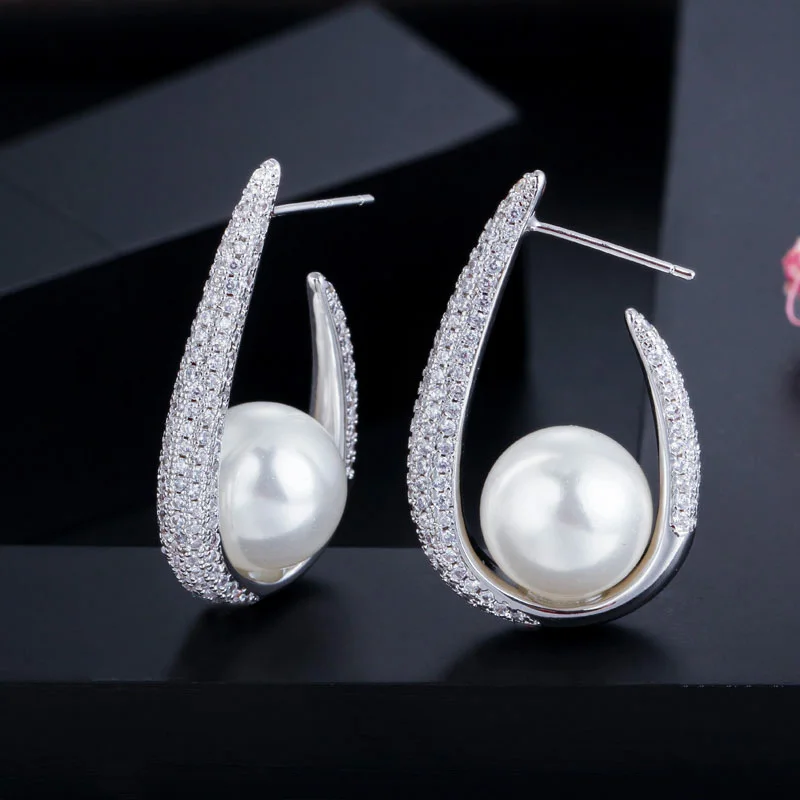 silver CWWZircons уникальные трендовые серьги-кольца из Кубического циркония u-образной формы желтого золота с большим жемчугом для женщин ювелирные изделия CZ565 - Окраска металла: silver