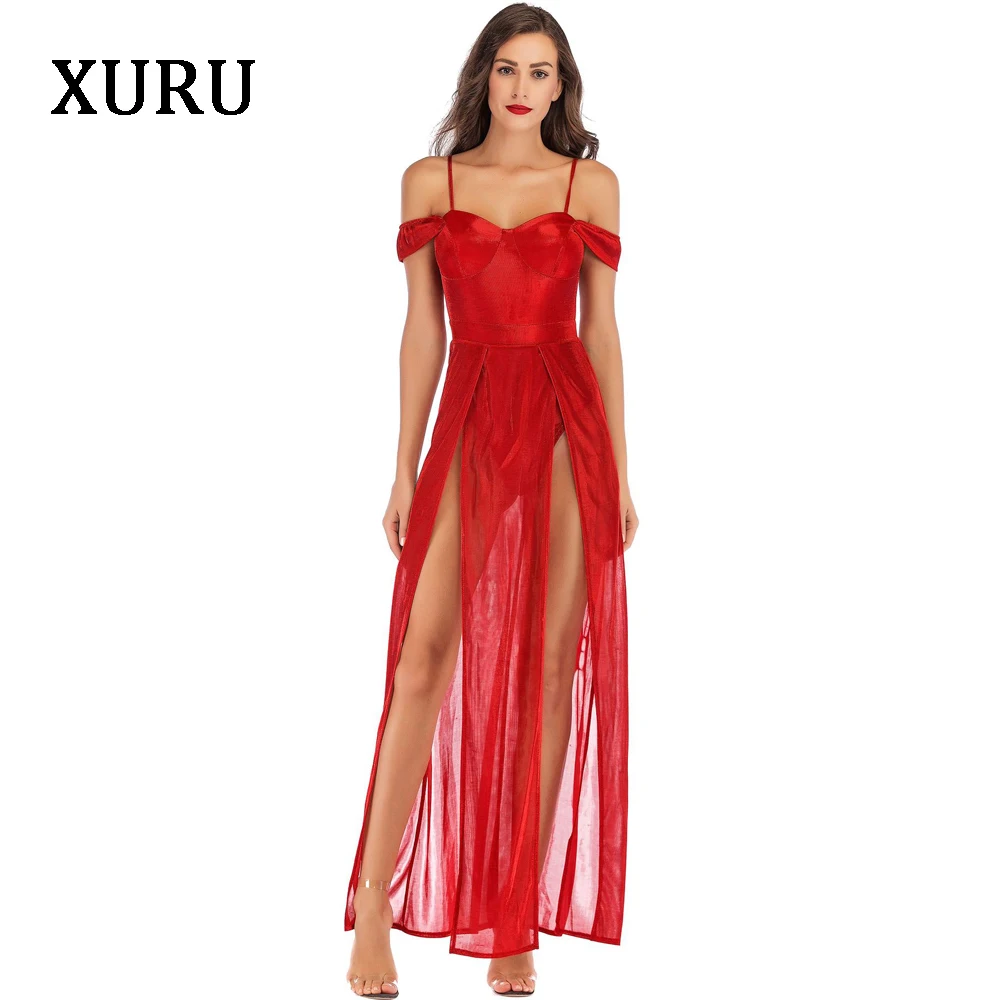 

XURU New Sexy Nightclub Dress Bohemian Style Club Party Sling High Split Dress Red Color Blue Large Swing
