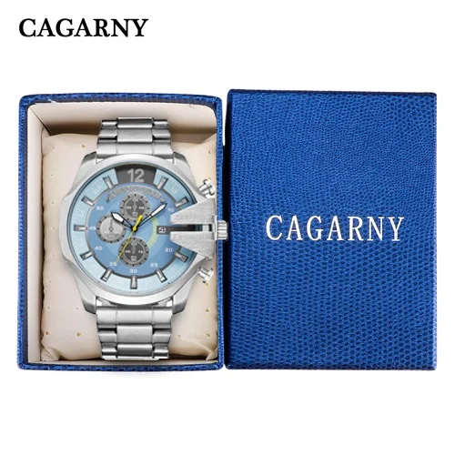 silver blue with box Cagarny Relogio Masculino Топ Бренд роскошные часы мужские золотые часы из нержавеющей стали военные наручные часы большой циферблат часы мужской подарок - Цвет: silver blue with box