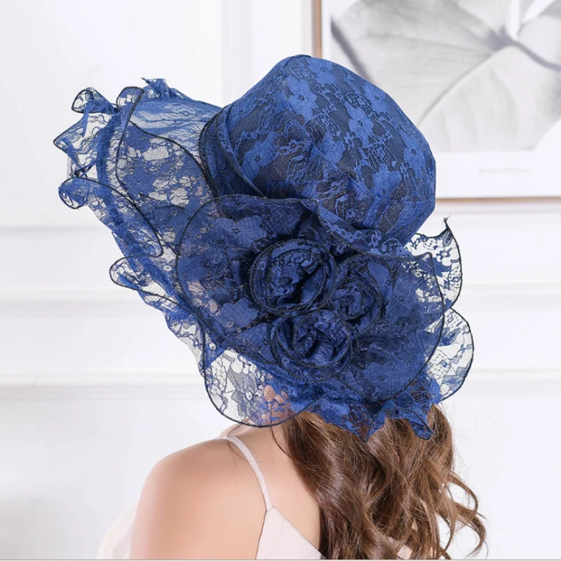 

Summer Women Lace Mesh Church Hat With Floral Wide Brim Cap Wedding Party Hats Beach Sun Protection Caps