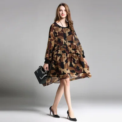 Новые 2016 Весна Европейский Для женщин камуфляж свободный крой шифоновые платья
