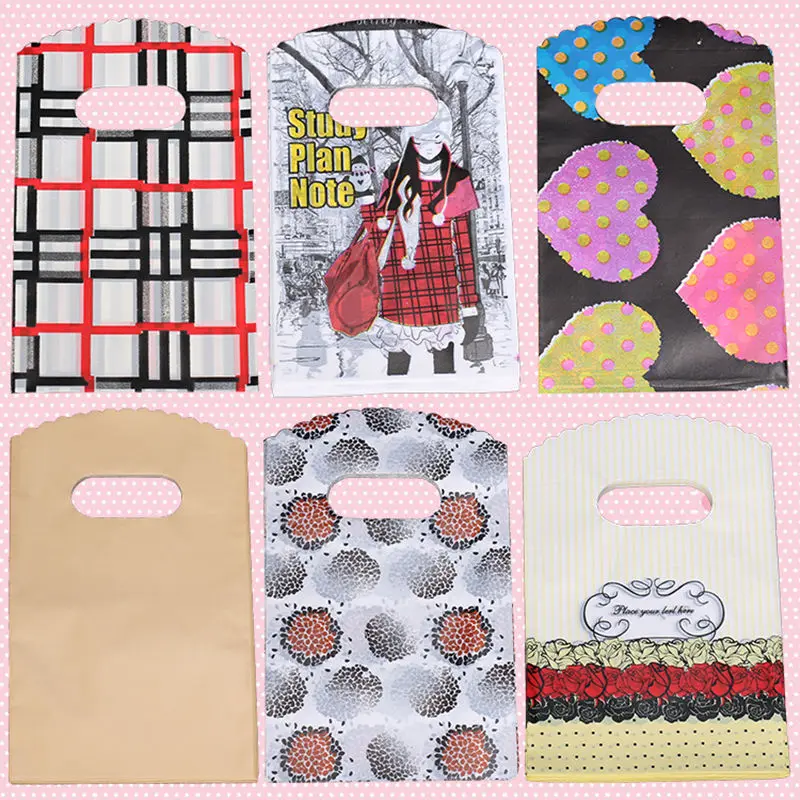 

50pcs/lot 9x15cm Mini Plastic Jewelry Packaging Gift Bags With Handles 2018 New Design Small Gift Bags 7 Style Supply