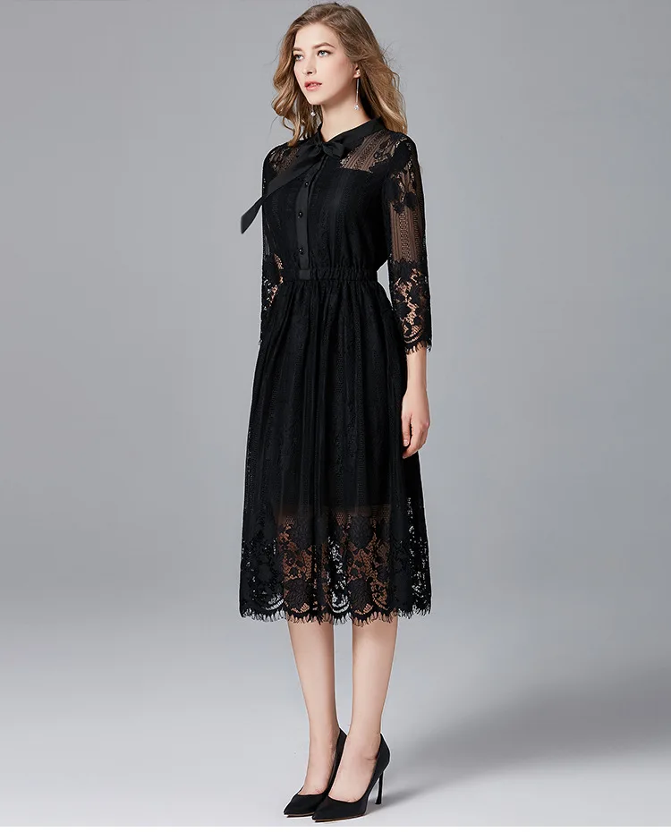 

L-5XL Plus Size Lace Long Dress Half Sleeve Bow Collar Hollow out Elegant Black Party Dress Pinched Waist Temperament Vestidos