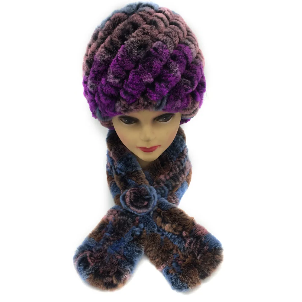 Зимняя женская теплая шапка из натурального меха кролика рекс с шарфом комплект 2