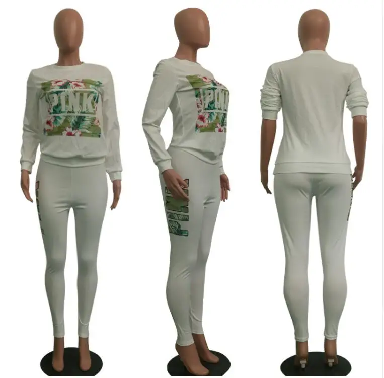 

Pink Letter Print 2 Piece Outfits Autumn O Neck Full Sleeve Tops And Bodycon Long Pants Women White Tracksuits