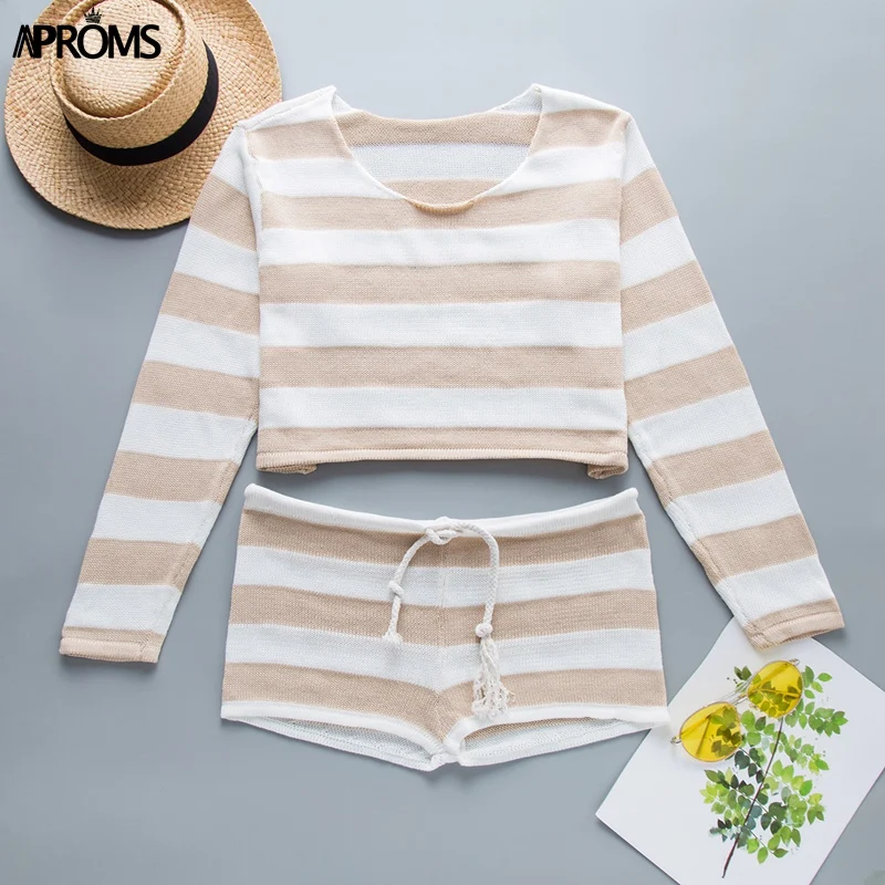 Khaki Stripe Aproms элегантный полосатый принт вязаный укороченный топ и шорты для женщин комплект из двух предметов повседневные шорты с высокой талией и завязками женская одежда - Цвет: Khaki Stripe