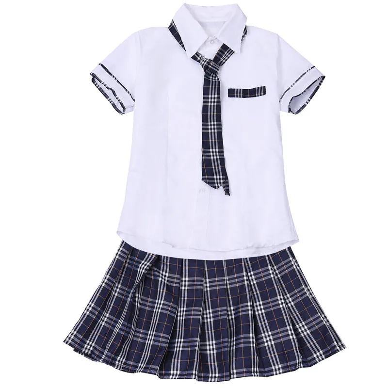 White Navy Blue Маскарадный костюм на Хэллоуин для женщин и девочек, школьная форма японской школьницы, рубашка с коротким рукавом, клетчатая юбка и галстук - Цвет: White Navy Blue