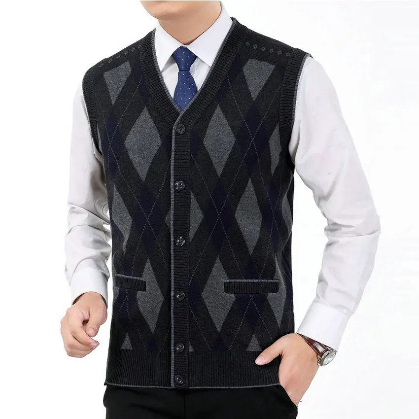 Black gray vest Мужской шерстяной кашемировый жилет, мягкий шерстяной жилет, мужской жилет с v-образным вырезом, мужской вязаный жилет с ромбовидным узором, мужские серые и красные клетчатые жилеты Weskit Man - Цвет: Black gray vest