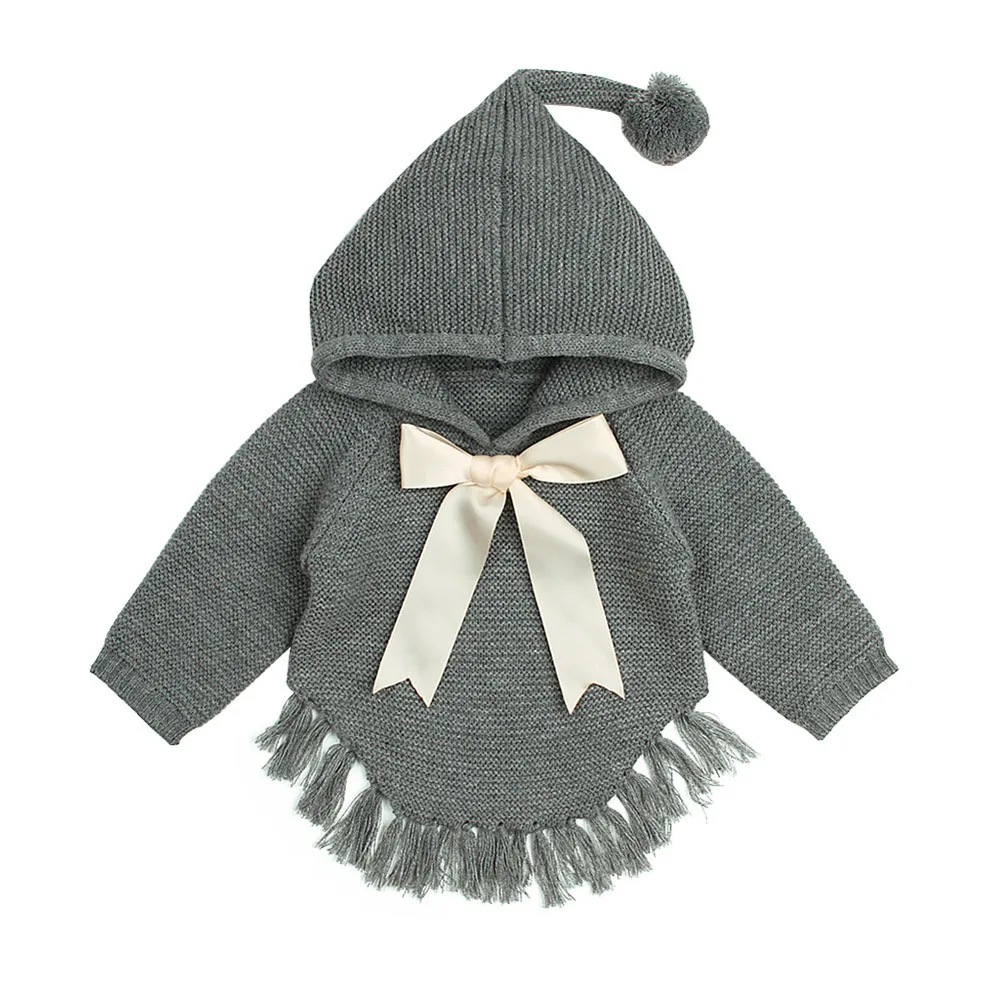 Gray Winter Newborn Red jacket Infant Baby Boys Girls Bow Tassel Knitted Long Sleeve Hooded Tops Sweater Outfits Fringed hooded - Цвет: Gray