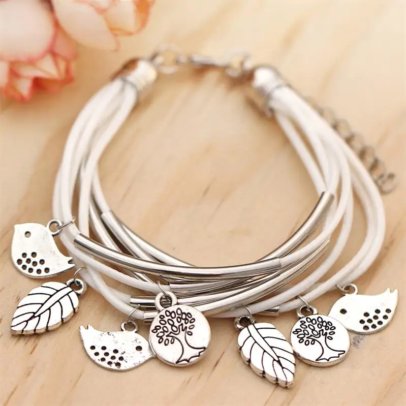 SL990 white MINHIN черный/коричневый/бежевый цвета Многослойный кожаный браслет для женщин ручной работы очаровательный браслет мини-птицы кулон браслет на запястье - Окраска металла: SL990 white
