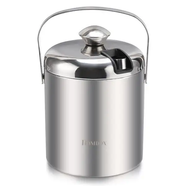 Homdox Stainless Steel Handle Ice Bucket Chrome Finish Thick Ice Pail with Tweezers