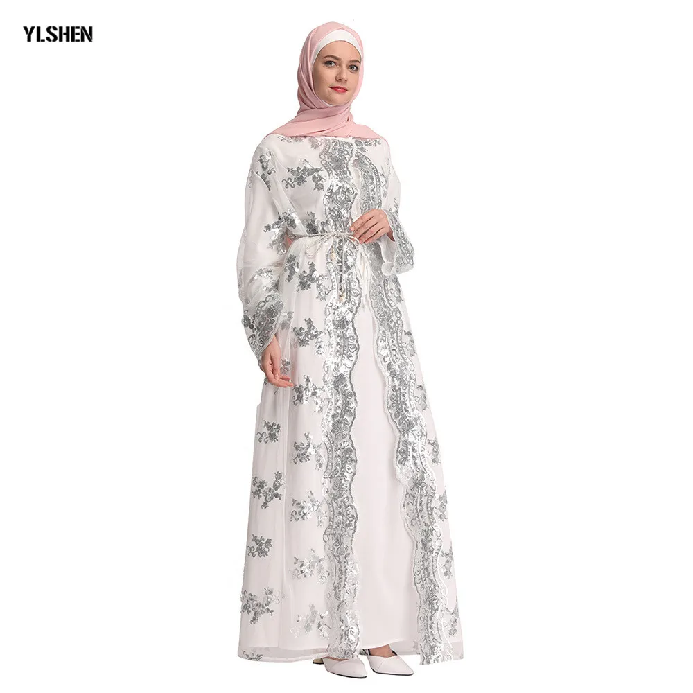 Женское мусульманское платье кардиган Abaya белое кружевное с вышивкой и блестками