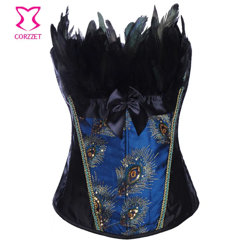 Роскошный черный и синий атлас блестками павлиньими перьями Сексуальная