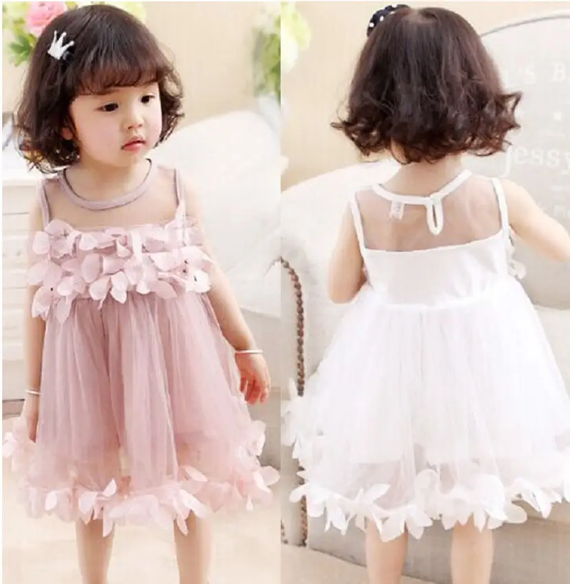 Cute Kids Girls Princess Pink White Dresses Pageant Toddler Baby Girl Sleeveless Flower Tulle Petal Party Ball Gown | Детская одежда и