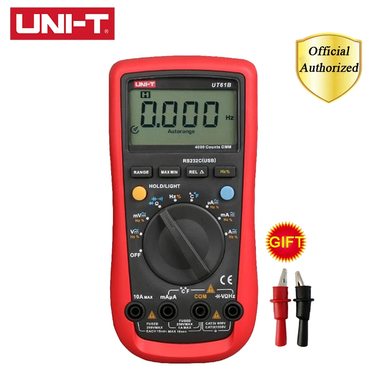UNI-T UT61B DMM Digital Multimeter Auto Range 3999 Count AC DC Voltage Current Data Hold Multitester Auto Power Off