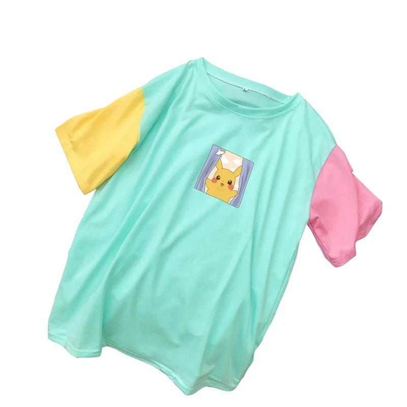 Пастельный цвет блок для женщин Harajuku футболка Kawaii с принтом в стиле Пикачу мультфильм Хлопок Лоскутная футболка Летняя уличная Kpop PSDX-121