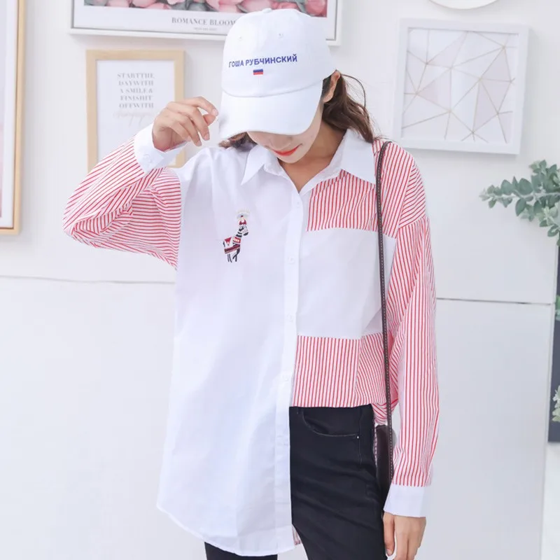 Женская хлопковая рубашка в полоску с вышивкой|Рубашки| |