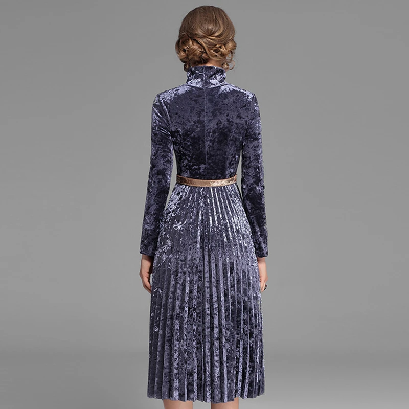 Велюровое платье Для женщин лоскутное плиссированные водолазка Одежда с длинным