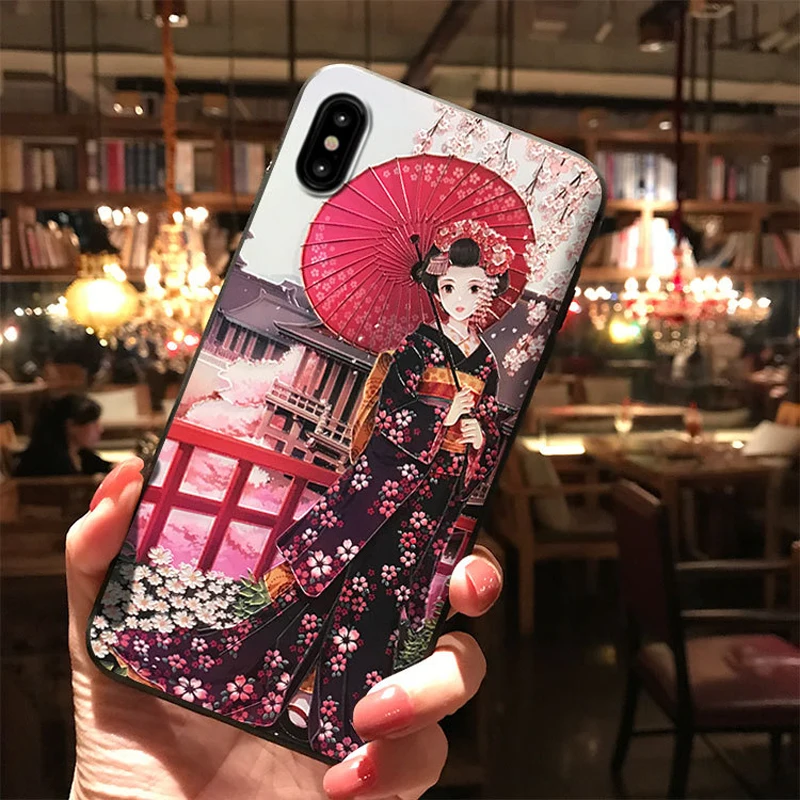 1 Японское кимоно девушка тисненый чехол для телефона для iPhone 6 6S 7 8 Plus X XS MAX XR Капа мягкая ТПУ задняя крышка для OPPO R15 R17 Coque - Цвет: 1