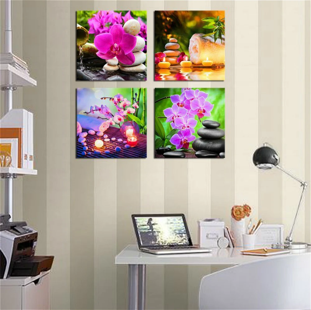 

Zen Wall Art Canvas Prints SPA Stone Green Bamboo Pink Waterlily Frangipani Picture Artwork Painting for Home Office Wall Decor