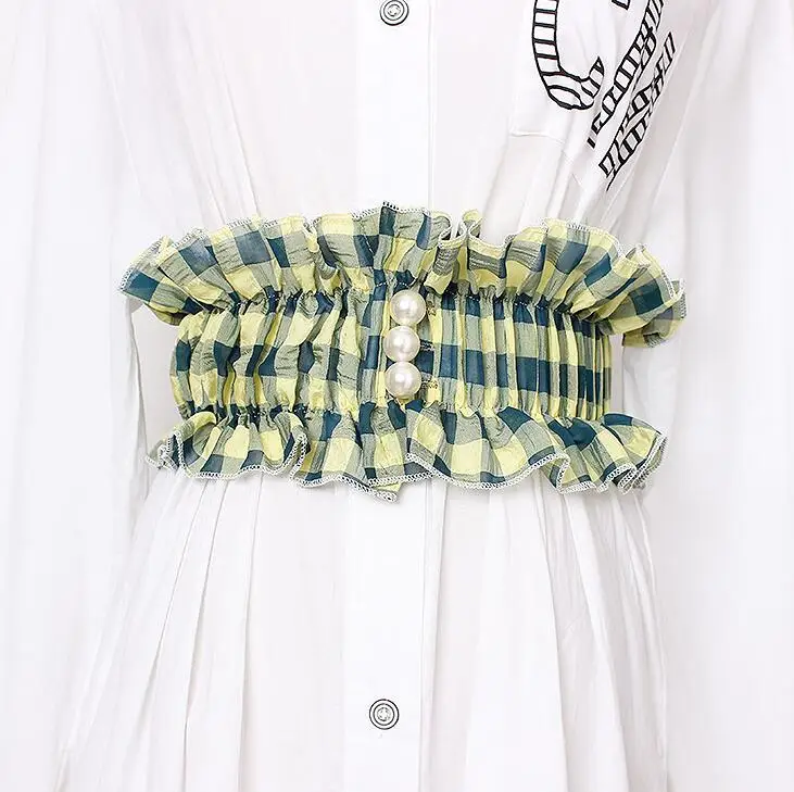 

Women's runway fashion pearl button elastic plaid Cummerbunds female Dress Corsets Waistband Belts decoration wide belt R1675