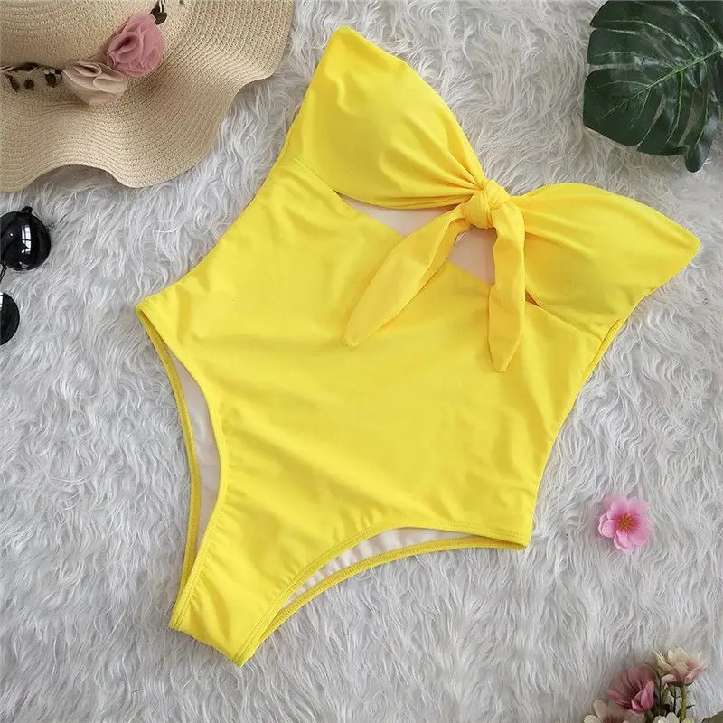 Yellow Swimsuit Сексуальный женский ретро купальник с высокой талией, Женский цельный купальник, Женский бандо с завязками спереди, купальник с вырезами, монокини - Цвет: Yellow Swimsuit