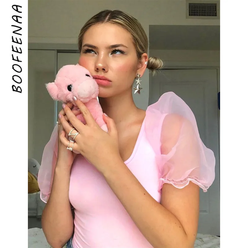 BOOFEENAA Сетчатая футболка с пышными рукавами модная женская летняя коллекция 2019