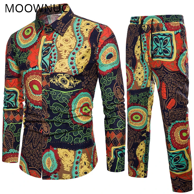 Мужской комплект из рубашки и брюк двух предметов этнические костюмы летняя