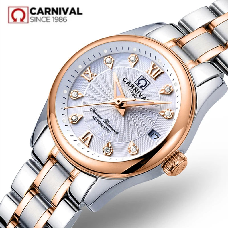 Carnival Switzerland Sapphire Mechanical Women Watch Luxury Brand Steel Bracelet Waterproof Automatic Watches Women Reloj Montre