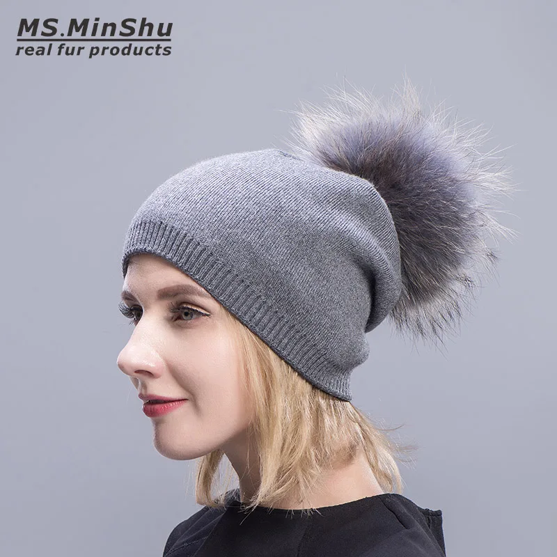 Ms. MinShu Вязаная кашемировая шапочка мех помпон Модная женская шапка с большой