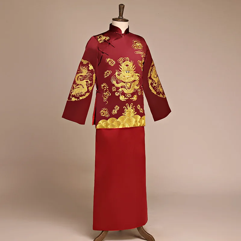 Бордовый Сучжоу Вышивка Дракон Hanfu одежда для мужчин Китайский Винтаж Стиль Костюм Азиатский традиционный свадебный длинный халат