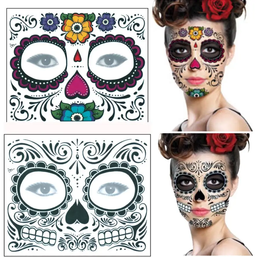 Новая временная татуировка на Хэллоуин HAICAR 2 шт День мертвых Dia de los Muertos маска для лица сахар тату наклейка с черепом 20