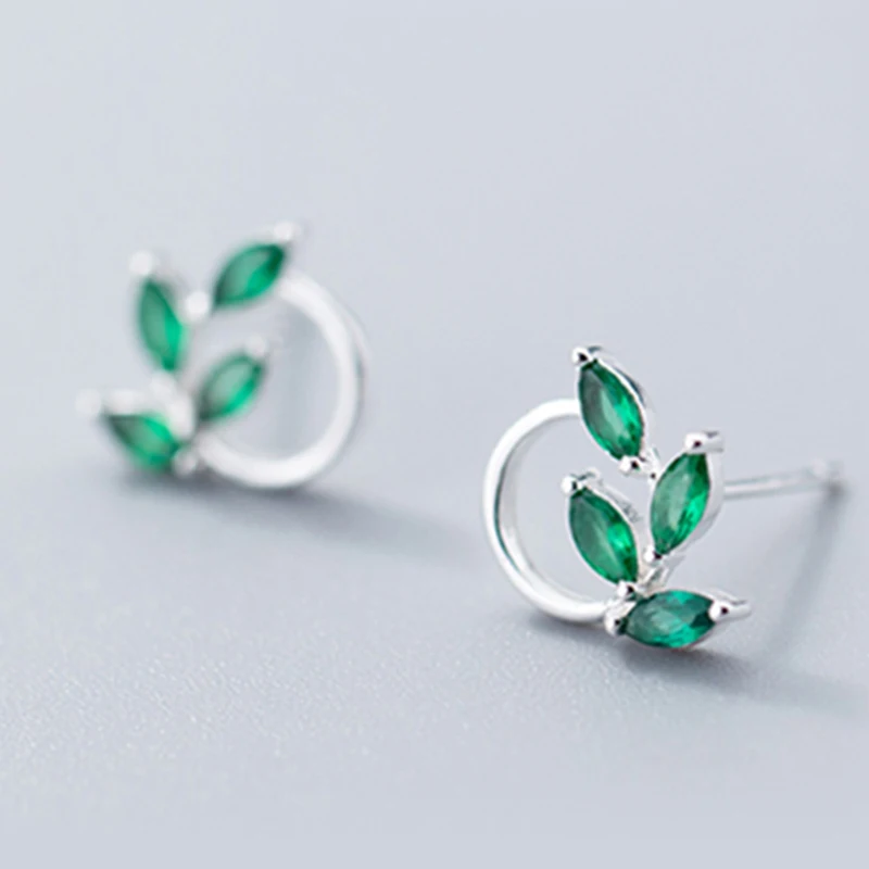 Green earrings Высокое качество подлинные 925 пробы серебряные ювелирные изделия дерево в форме листа циркониевые кристаллы цветок серьги гвоздики - Окраска металла: Green earrings