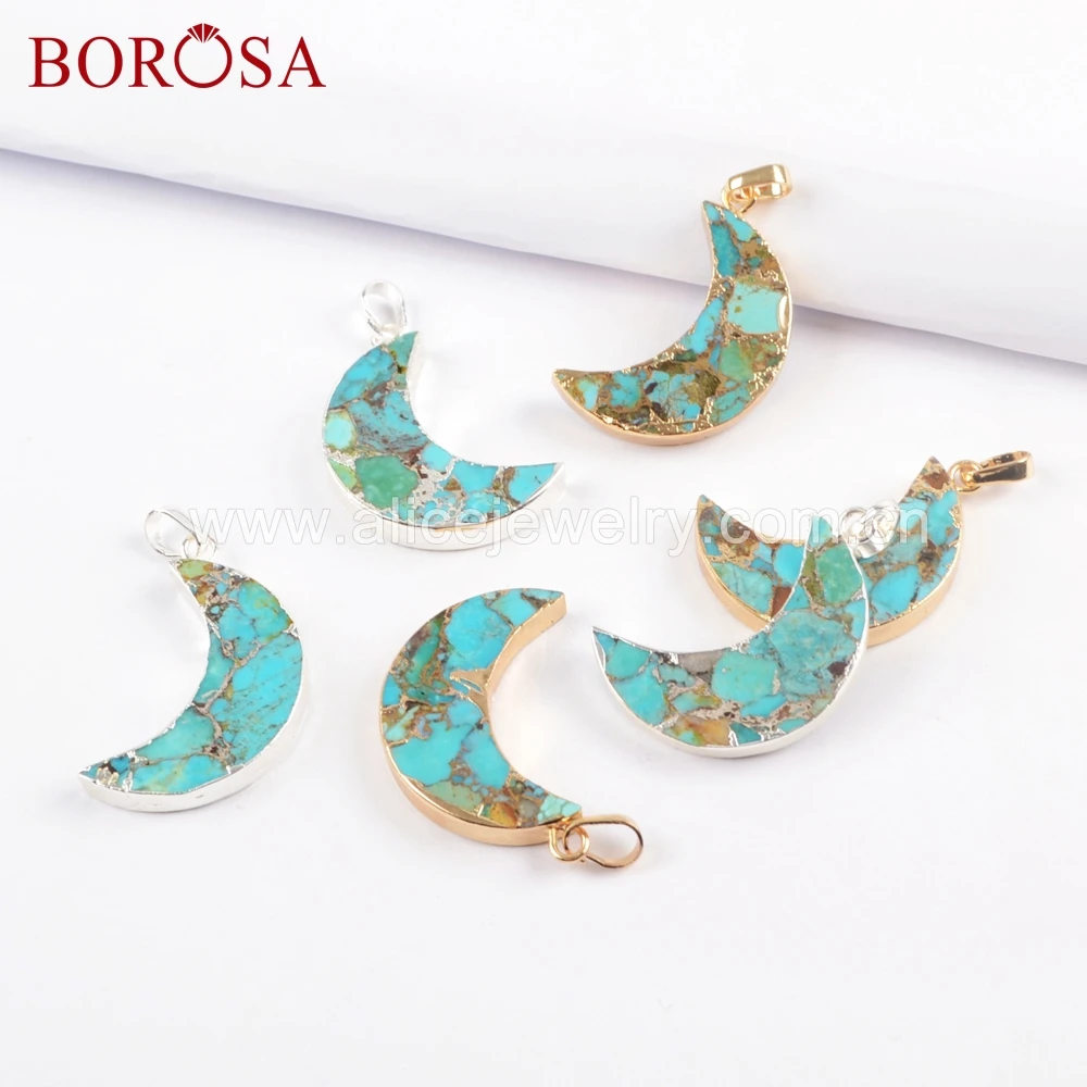 BOROSA дизайн 5 шт. Мода золотистого цвета Луна Форма медь БИРЮЗА НАТУРАЛЬНЫЙ синий подвеска из каменной друзы для цепочки и ожерелья DIY G1682