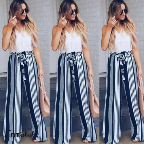 Женские брюки с широкими штанинами элегантные свободные офисные в синюю полоску