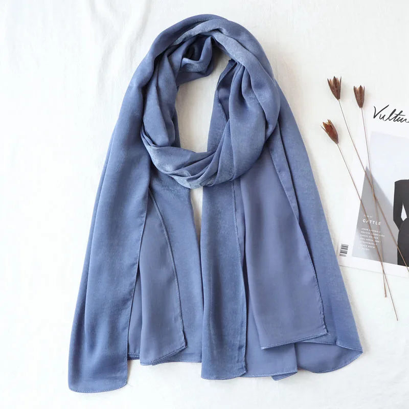17 jeans blue Цельный женский Одноцветный Шелковый платок hijabs обертывания мягкие длинные мусульманские платки блестящие шарфы hijabs - Цвет: 17 jeans blue
