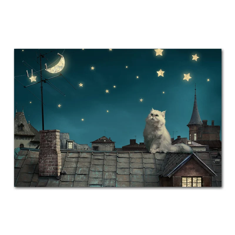 Moon Night Cat Астронавт кошки Плакаты селфи Собака Холст репродукции забавные Животные стены картину живопись для ребенка детский Гостиная украшения - Цвет: Moon Night Cat