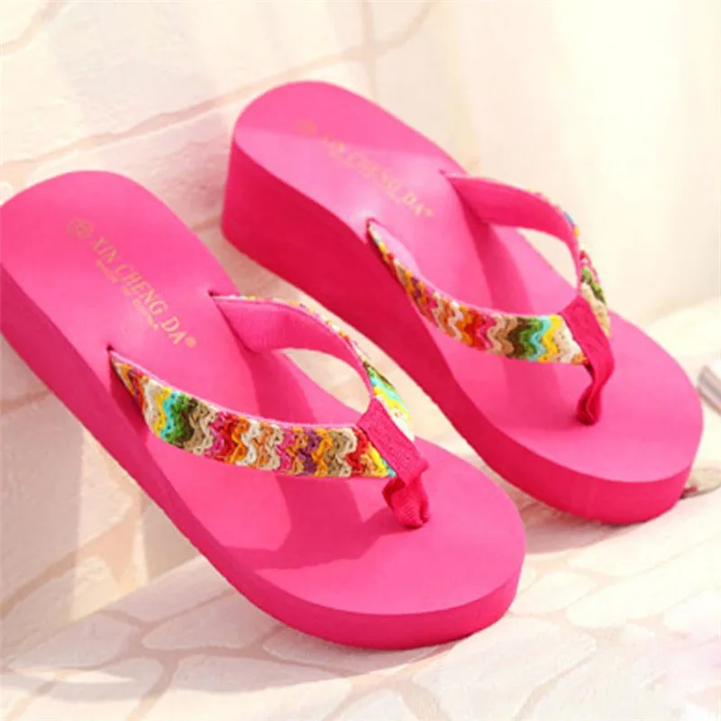 Hot Pink Летние женские шлепанцы на платформе; цвет ярко-розовый, хаки; пляжные сланцы на плоской танкетке; женские шлепанцы; Новинка года; женская обувь; zapatos mujer - Цвет: Hot Pink