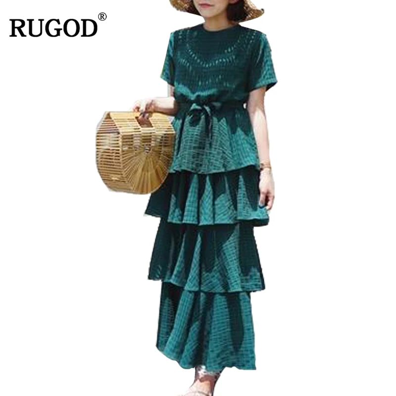 

RUGOD 2021 Newest Summer Holiday Beach Boho Dress Women Elegant Tunic Green Long Cake Dress Women Chiffon Dress Vestidos Mujer