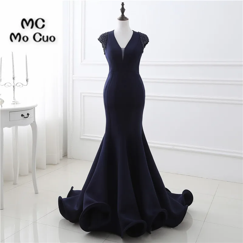 

Real 2017 Dark Blue Prom dresses Long Ruffles Beaded Cap Sleeve Satin long graduation dresses Evening Prom Dress