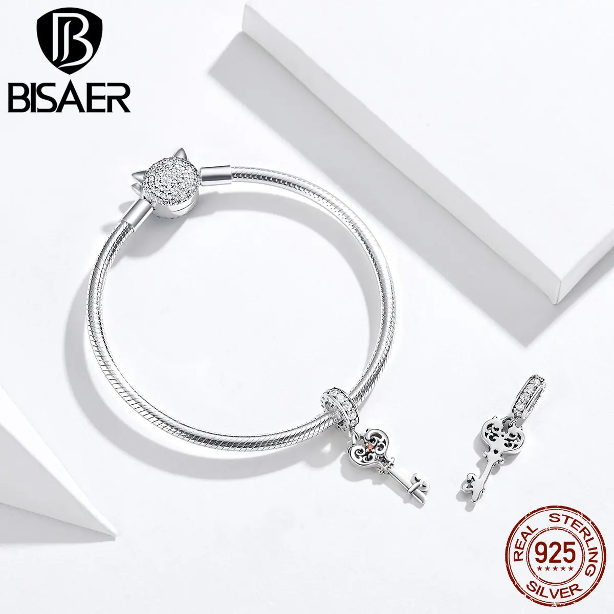 BISAER Аутентичные 925 пробы серебряные подвески в форме ключа любви подходят для браслетов из 925 бусин серебряные ювелирные изделия аксессуары EFC092