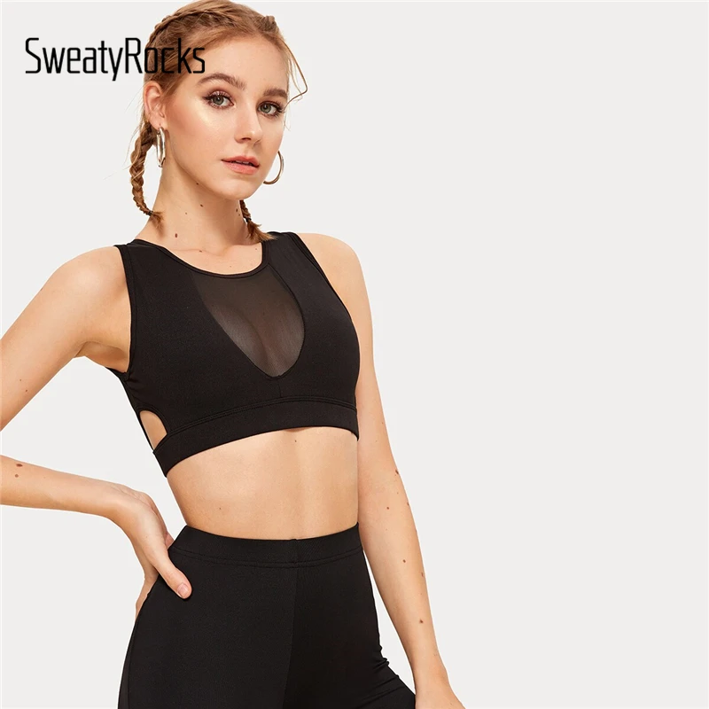 Спортивный бюстгальтер SweatyRocks с контрастной сеткой и вырезом сзади, черный укороченный топ, модная женская одежда для активного отдыха, летний топ, облегающий Повседневный бюстгальтер