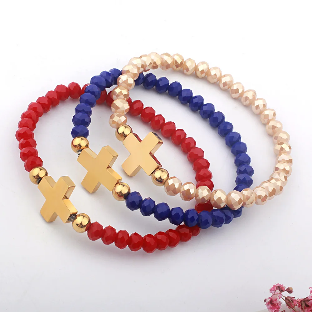 FINE4U B180 Stainless Steel Cross Charm Bracelet Adjustable Beaded Bracelets Crucifix Rosary Jewelry 4 Colors Choices | Украшения и