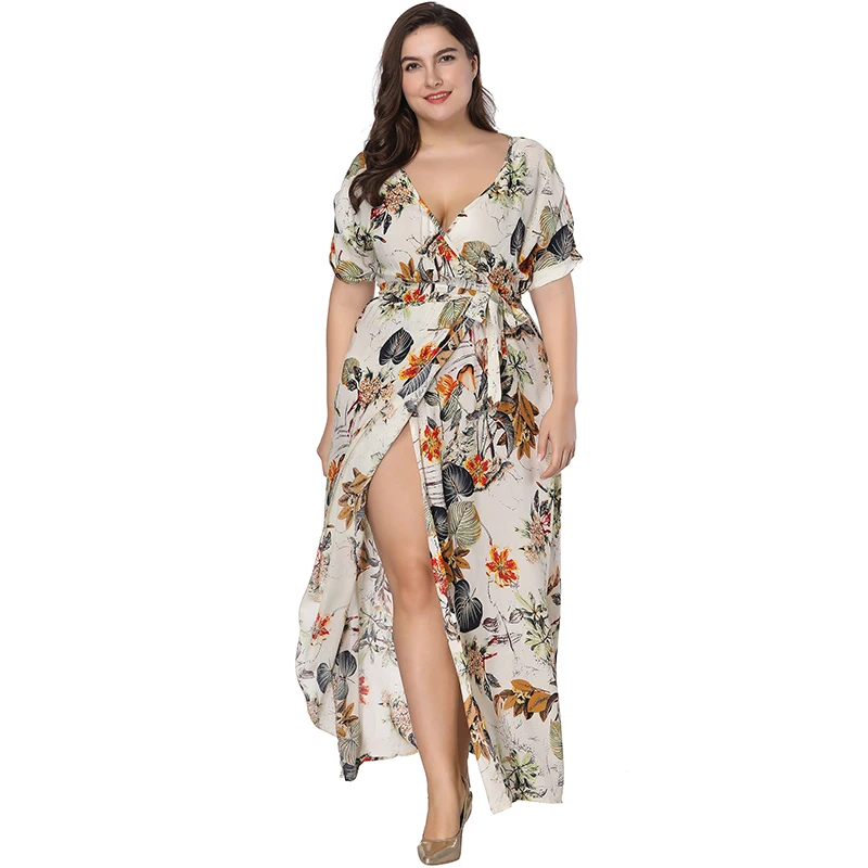 Женское длинное платье с V образным вырезом коротким рукавом и цветочным