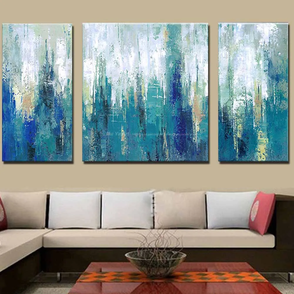 

Modern Abstract Art Handmade Three Panels Blue Color Canvas Oil Painting Blue Abstract Wall Picture Living Room Home Wall Decor