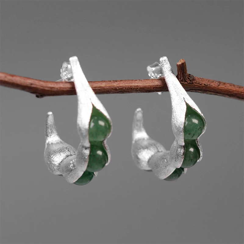Lotus Fun Real 925 Sterling Silver Handmade Fine Jewelry Natural Green Stones Creative Pea Pods Design Dangle Earrings for Women | Украшения